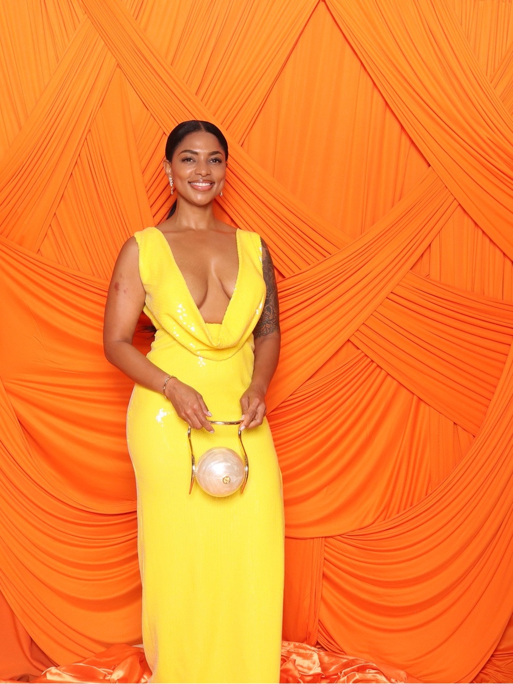 Alex Perry Yellow Strapless Cowl-Neck Gown